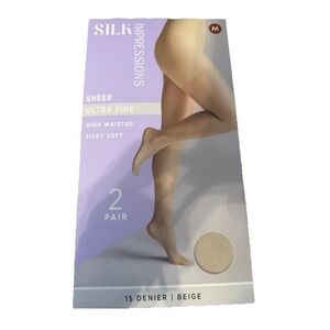 2 Pair Silk Impressions Medium Silky Soft Sheer Beige 15 Denier Pantyhose Fine